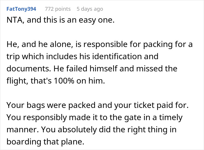 Person Boards Flight Without Their Boyfriend After He Forgets His Passport, Despite Being Reminded, And Blames It On Them