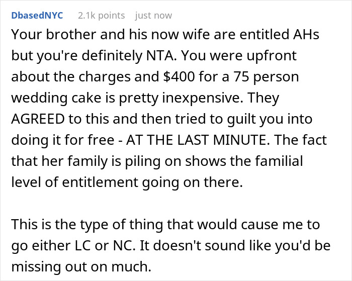 Brother Left Without Wedding Cake Because Sister Wouldn’t Do It For Free After He Promised To Pay $400