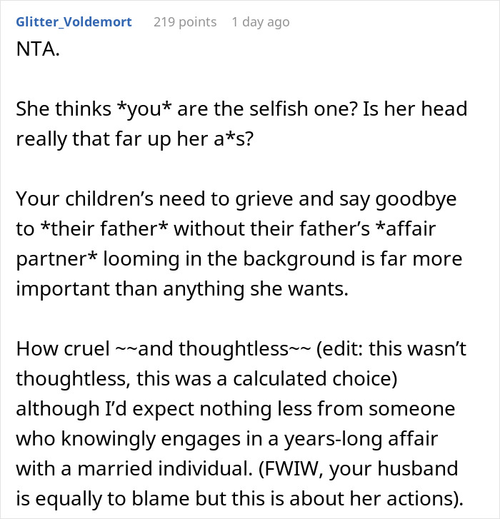 “AITA For Not Allowing My Late Husband’s Affair Partner To Come To His Funeral?”