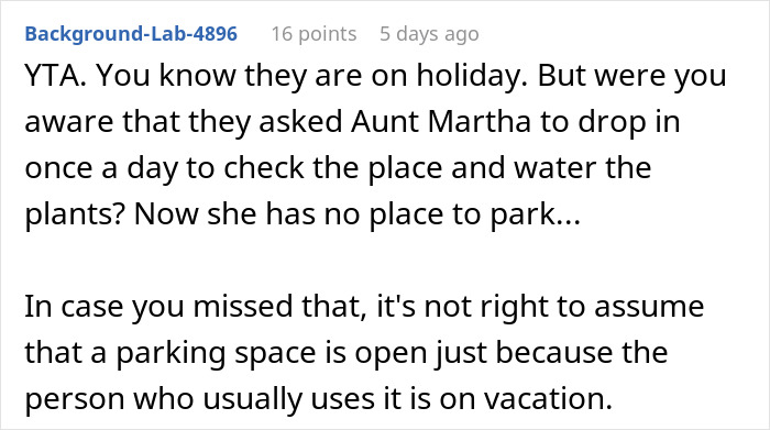 Person Doesn’t See A Problem With Briefly Using Their Neighbors’ Driveway While They’re Away On Holiday