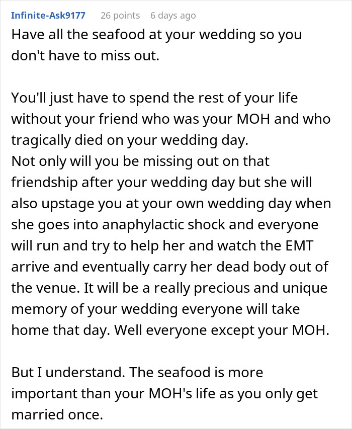 Web Users Are Flabbergasted After Learning ‘Bridezilla’ Is Eager To Serve Seafood At Wedding Despite Best Friend’s Severe Allergy Web Users Are Flabbergasted After Learning ‘Bridezilla’ Is Eager To Serve Seafood At Wedding Despite Best Friend’s Severe Allergy