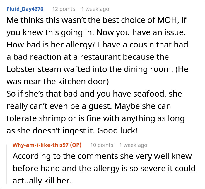 Web Users Are Flabbergasted After Learning ‘Bridezilla’ Is Eager To Serve Seafood At Wedding Despite Best Friend’s Severe Allergy Web Users Are Flabbergasted After Learning ‘Bridezilla’ Is Eager To Serve Seafood At Wedding Despite Best Friend’s Severe Allergy