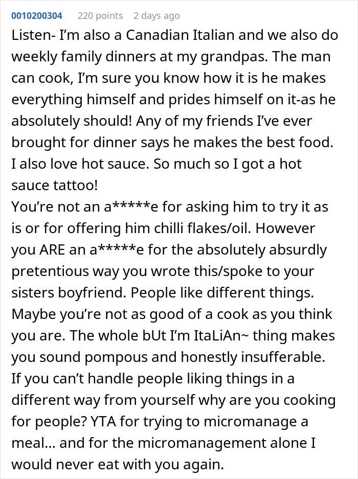 Guy Doesn't Allow Sister's BF To Ruin His Italian Dish With Asian Hot Sauce, Drama Ensues Guy Doesn't Allow Sister's BF To Ruin His Italian Dish With Asian Hot Sauce, Drama Ensues