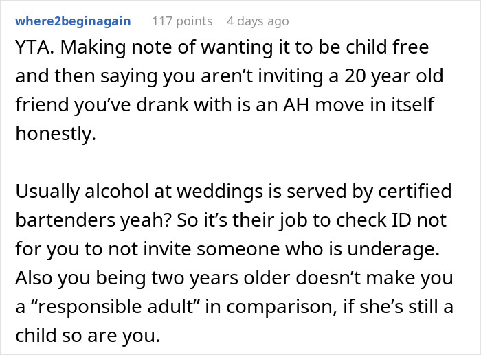 Bride Asks If She's A Jerk To Exclude Her Friend Who's 2 Years Younger From Her "Childfree Wedding", Gets A Reality Check Bride Asks If She's A Jerk To Exclude Her Friend Who's 2 Years Younger From Her "Childfree Wedding", Gets A Reality Check