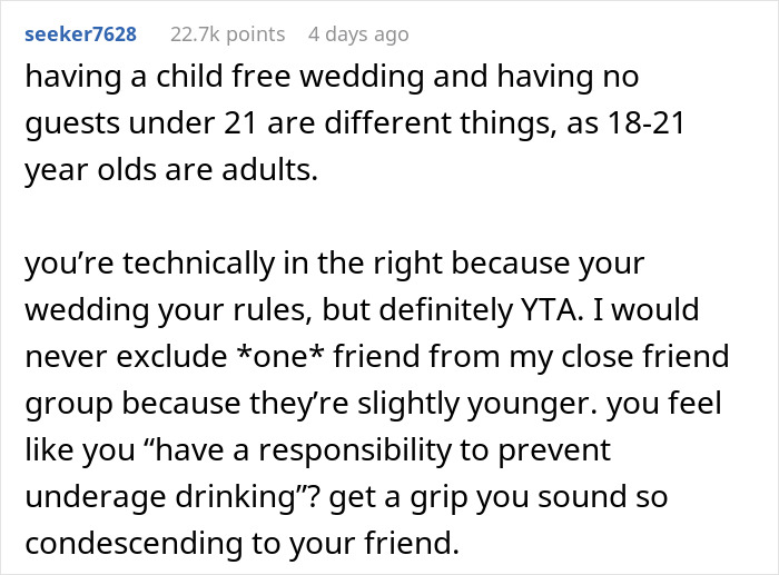 Bride Asks If She's A Jerk To Exclude Her Friend Who's 2 Years Younger From Her "Childfree Wedding", Gets A Reality Check Bride Asks If She's A Jerk To Exclude Her Friend Who's 2 Years Younger From Her "Childfree Wedding", Gets A Reality Check