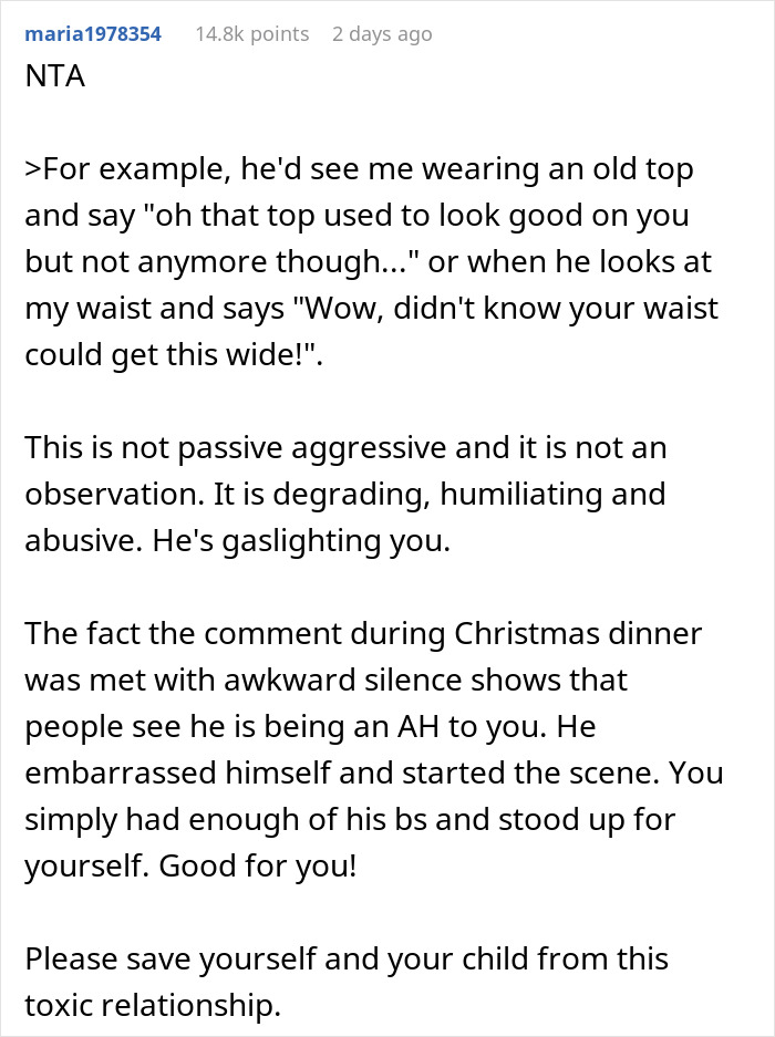 New Mom Is Sick Of Her Spouse Bodyshaming Her, Yells At Him In The Midst Of Family Christmas Gathering, Gets Called A Jerk