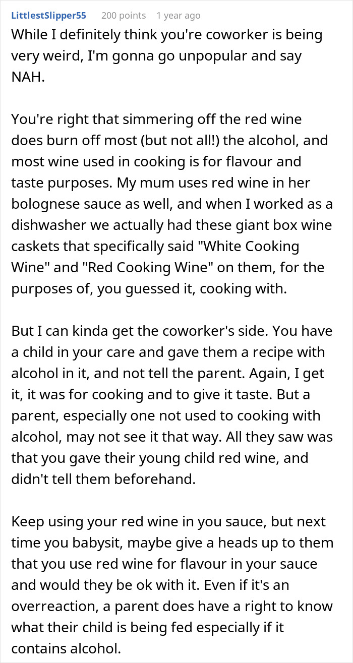 Mom Livid At Finding Out Colleague's Pasta Sauce Recipe Contained Wine As She Served It While Babysitting Her 8 Y.O. Kid Mom Livid At Finding Out Colleague's Pasta Sauce Recipe Contained Wine As She Served It While Babysitting Her 8 Y.O. Kid