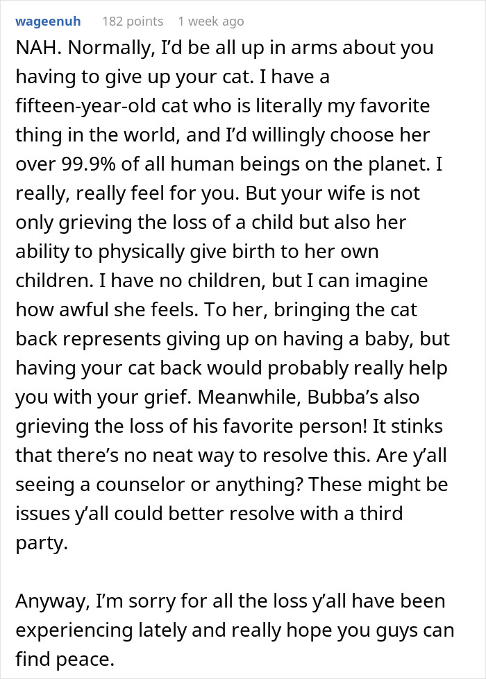 "Her Or The Cat": Man Asks For Advice After Wife Who Went Through Stillbirth Refuses To Allow His Beloved Pet Back In The House