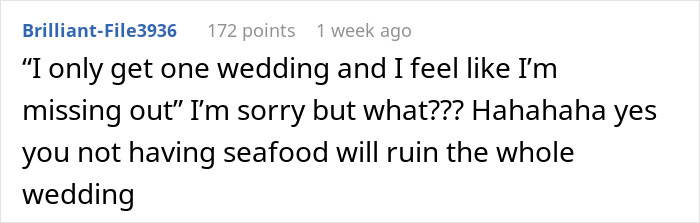 Web Users Are Flabbergasted After Learning ‘Bridezilla’ Is Eager To Serve Seafood At Wedding Despite Best Friend’s Severe Allergy Web Users Are Flabbergasted After Learning ‘Bridezilla’ Is Eager To Serve Seafood At Wedding Despite Best Friend’s Severe Allergy