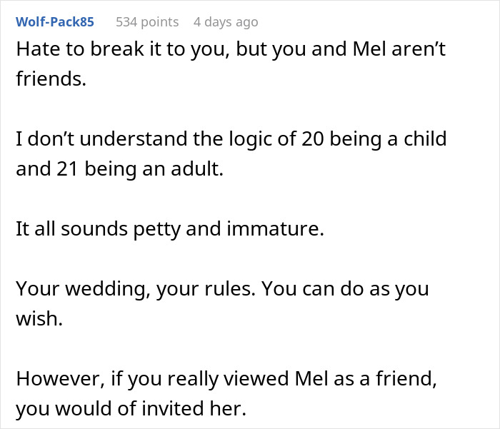 Bride Asks If She's A Jerk To Exclude Her Friend Who's 2 Years Younger From Her "Childfree Wedding", Gets A Reality Check Bride Asks If She's A Jerk To Exclude Her Friend Who's 2 Years Younger From Her "Childfree Wedding", Gets A Reality Check
