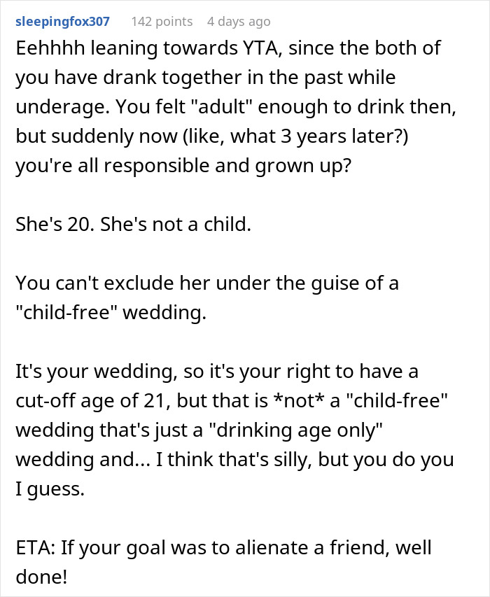 Bride Asks If She's A Jerk To Exclude Her Friend Who's 2 Years Younger From Her "Childfree Wedding", Gets A Reality Check