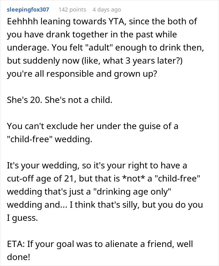 Bride Asks If She's A Jerk To Exclude Her Friend Who's 2 Years Younger From Her "Childfree Wedding", Gets A Reality Check Bride Asks If She's A Jerk To Exclude Her Friend Who's 2 Years Younger From Her "Childfree Wedding", Gets A Reality Check