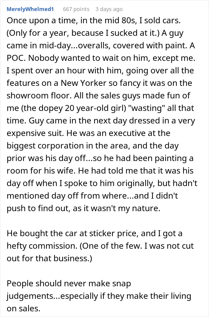 Salesperson Judges A Customer By His Appearance And Ignores Him, Gets Left Without A Commission