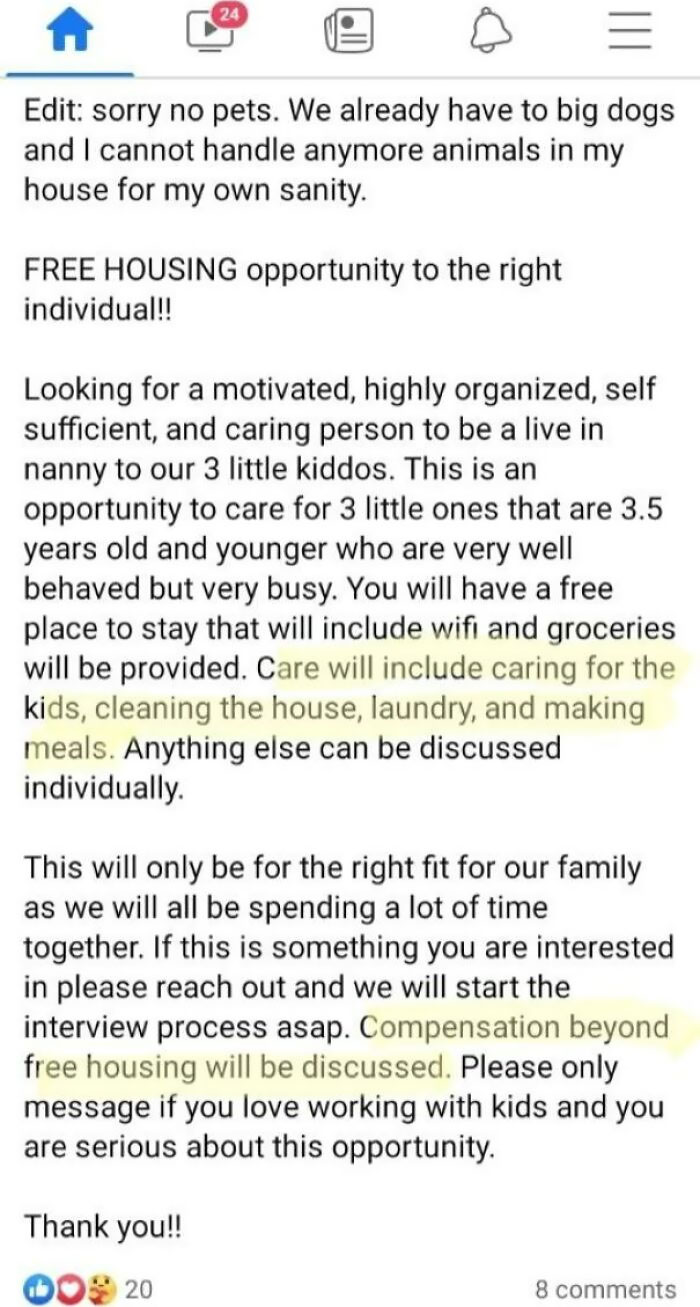 Anyone Looking To Be A Full-Time Nanny To 3 Kids Under 4, A Full-Time Cook, And A Full-Time Maid For Free Housing And Little To No Actual Money?