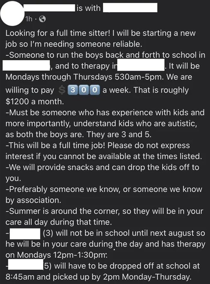 Nearly 12-Hour Days And 2 Autistic Children For $300 A Week. What A Sweet Gig