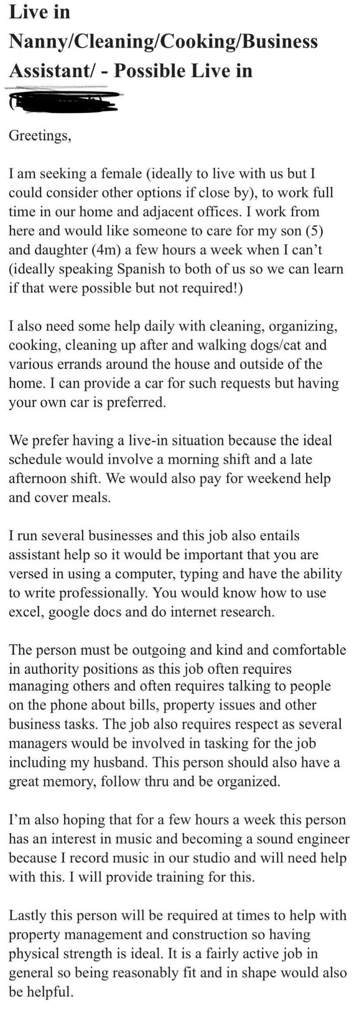Be My Nanny, Maid, Dog-Walker, Cat-Carer, Personal Assistant, Researcher, Professional Writer, Property Manager And Also Commit To Me For Three Years