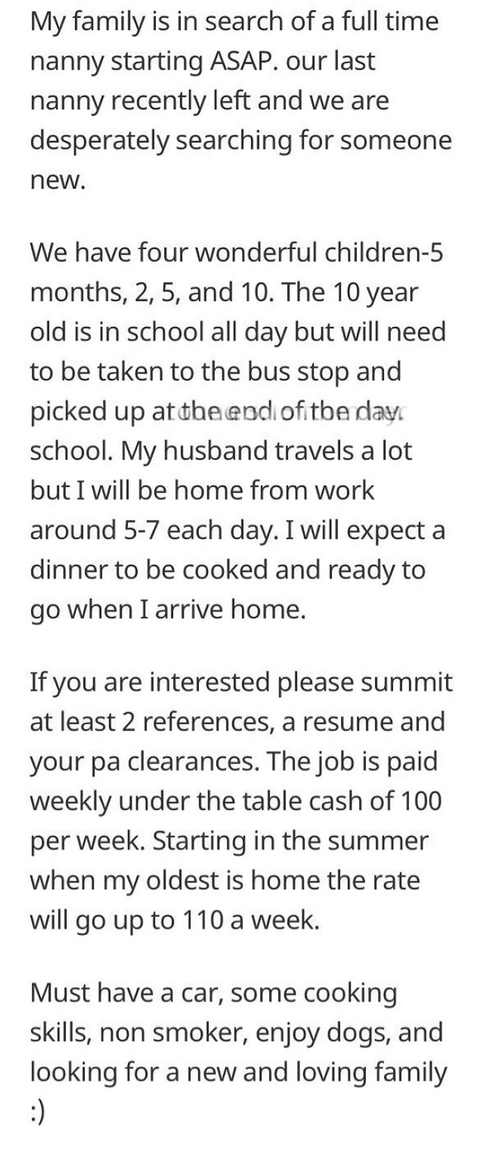 Yes, Let Me Nanny Your 4 Children For 2 Dollars An Hour And Also Cook You Dinner