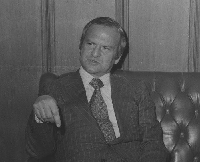 Black and white picture of Lee Iacocca talking