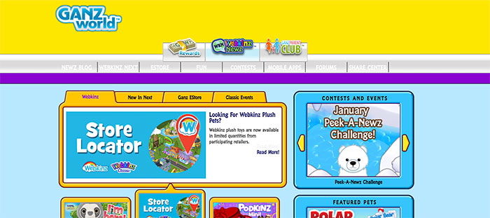 Screenshot of Ganz World website homepage showing store locator and January Peek-A-Newz challenge for big trends.