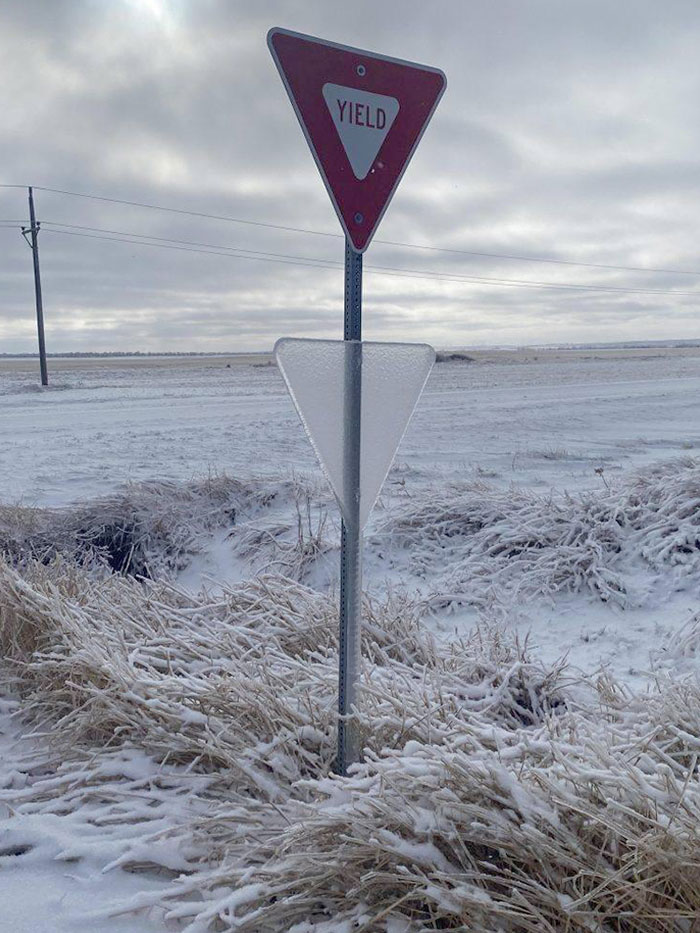 Merricourt, North Dakota Yield Sign After Recent Freezing Rain