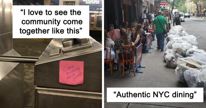 Subway turnstile with a community message and crowded NYC sidewalk dining next to large piles of trash in New York City.
