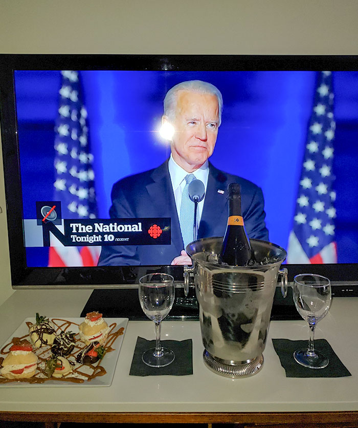 Got A Hotel For SO, With A Valentine's Special Package, And They Had The TV Frozen On Biden Staring At You