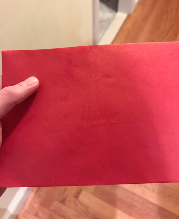 My Mom Wrote On My Dad's Red Valentine's Card Envelope With A Red Pen