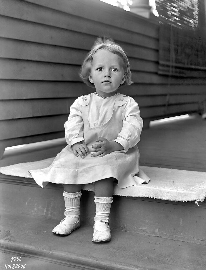 Another Look At Barbara E. Tripp, Age 3, On The Steps Of Her Home In New Bedford, Mass., September 10, 1916. Glass Negative Photo From The William H. Tripp Collection