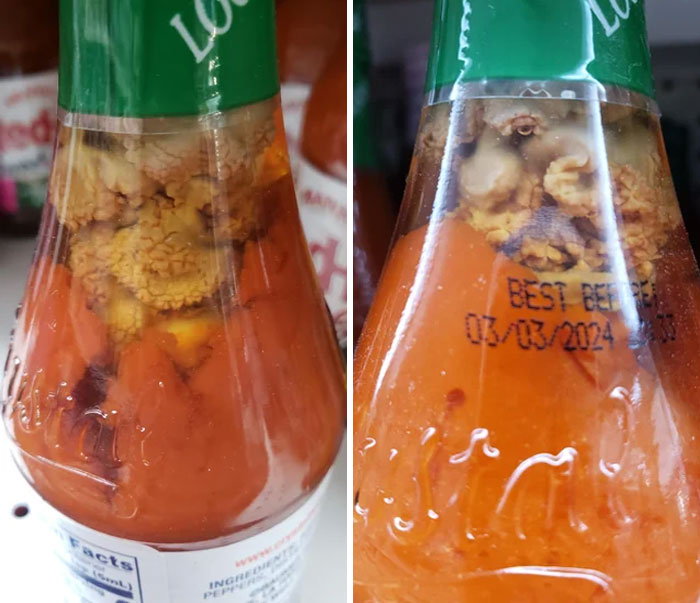 Found This Nightmare Growing In A Bottle Of Crystal Hot Sauce. The Bottle Was Sealed On The Shelf With An 03/03/2024 Expiration. Can Anyone Explain Whats Happening Here?