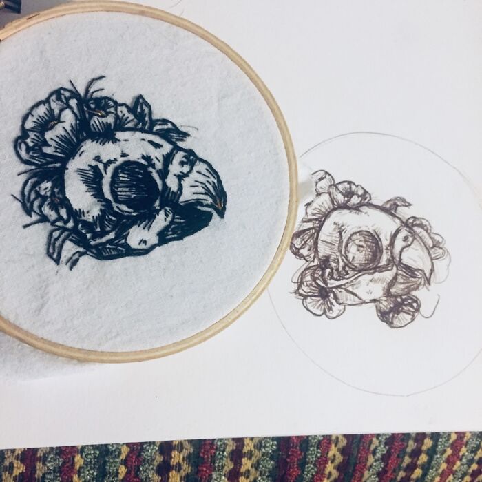 Lovebird Skull Freehand Sketch Turned Into Embroidery