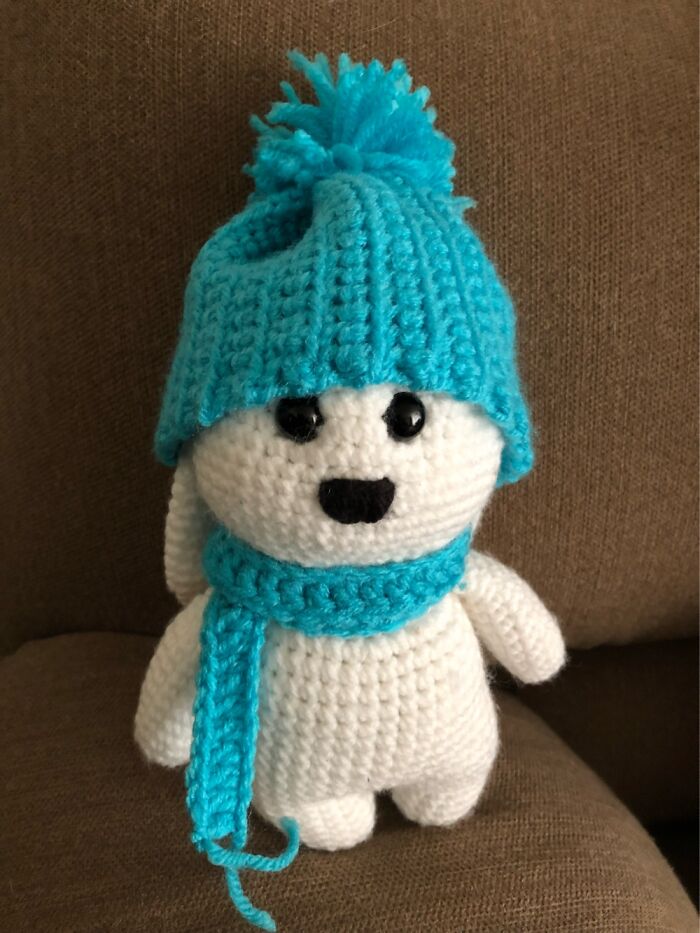 This Is The First Anthropomorphic Rabbit I Crocheted! The Hat And Scarf Are Removable!