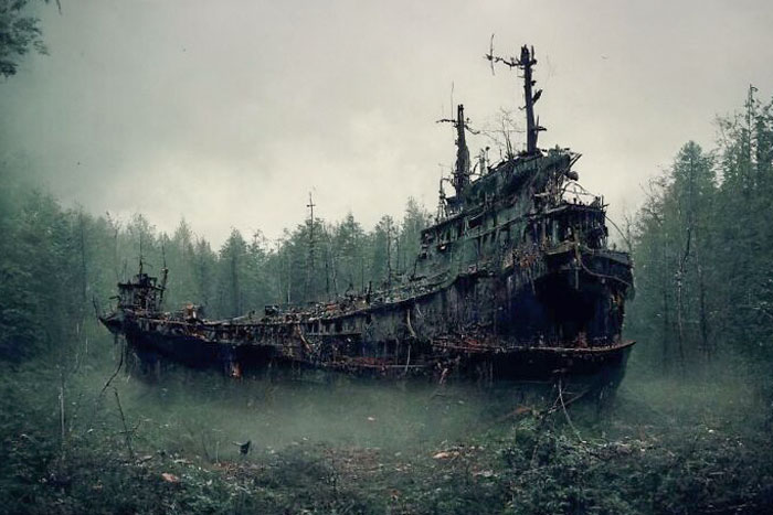 Este barco abandonado en medio de un bosque