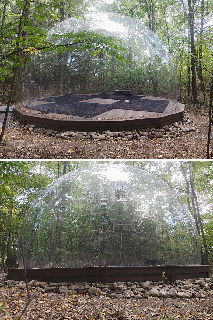 Geodesic Dome In The Woods With Dry Stone Surround