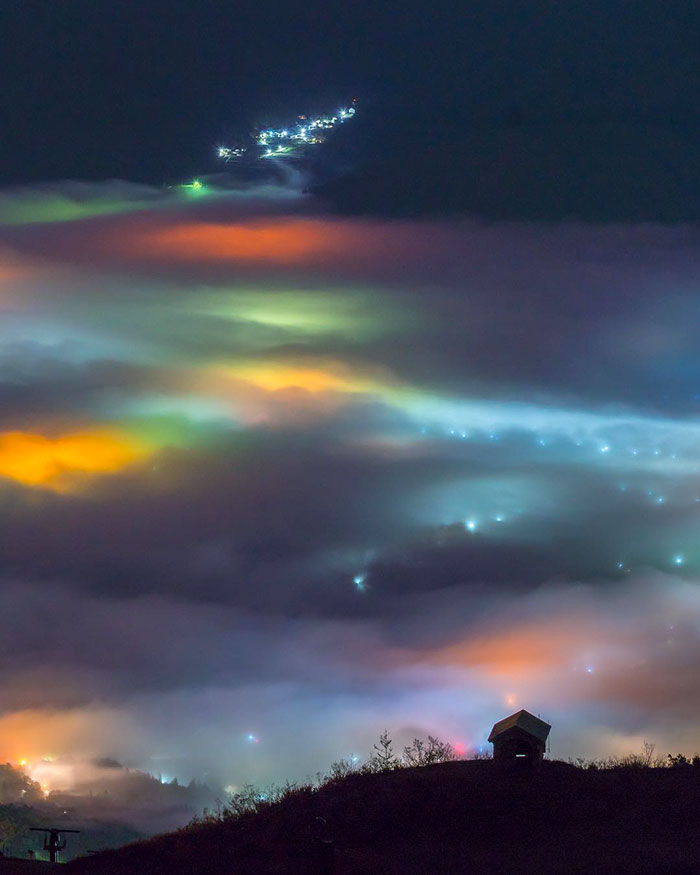 City Lights Of Nagano Seen Through The Thick Fog At Night