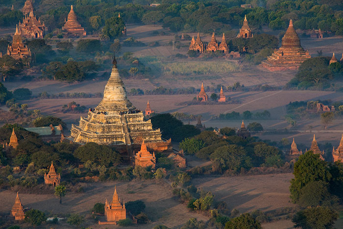Aerial view of the temples of the Archaeological Zone in Bagan