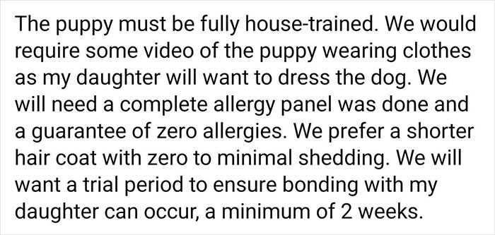 A woman sends a crazy list of demands for a dog and people say she shouldn't be allowed to have a dog.