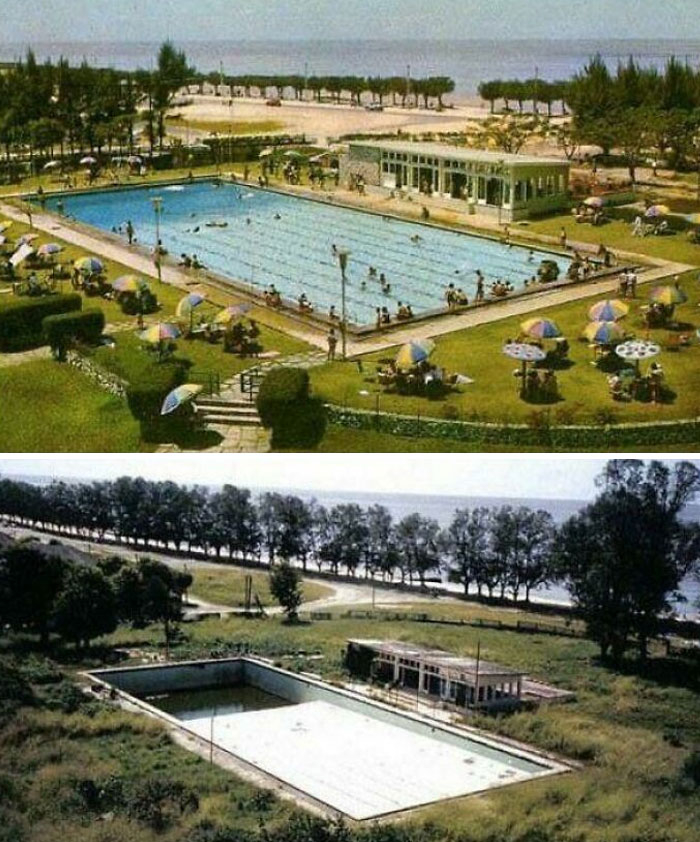 Sección de la piscina del Gran Hotel Beira, Beira, Mozambique (1958 y 2015)