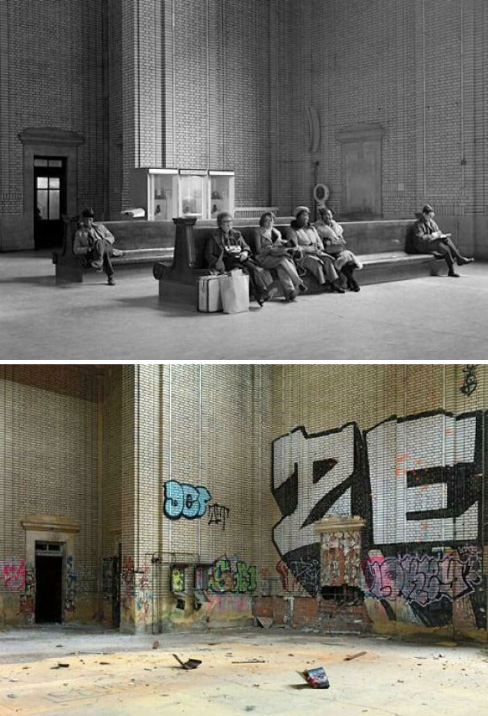 Zona de espera en el depósito del ferrocarril Michigan Central, Detroit (1965 y 2014)