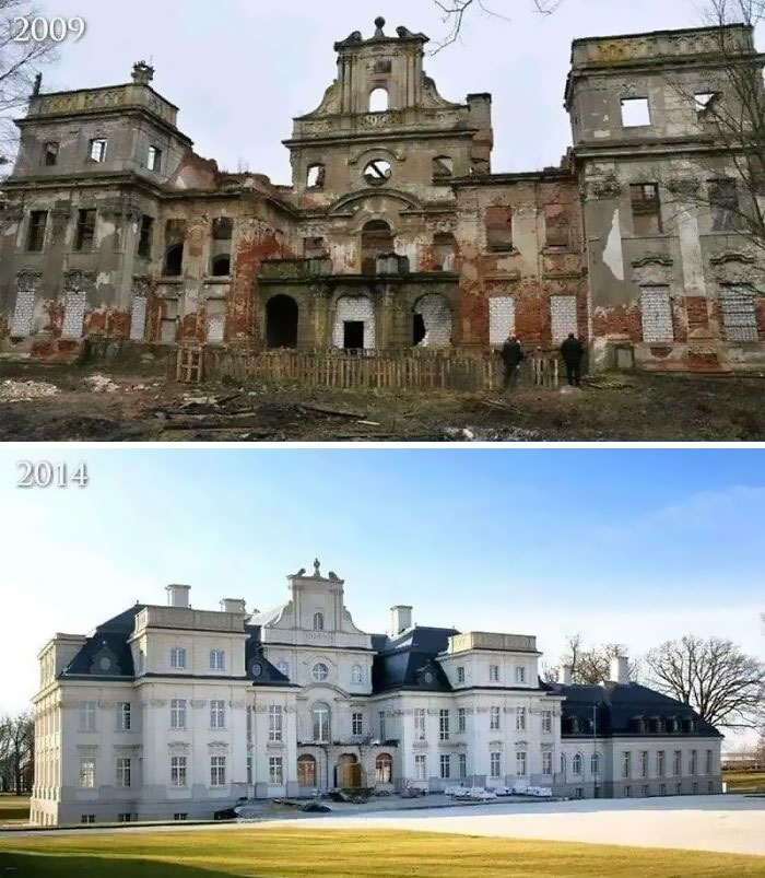 Mansión abandonada en Polonia, en ruinas. Pero ahora, ha sido restaurada a su antigua belleza