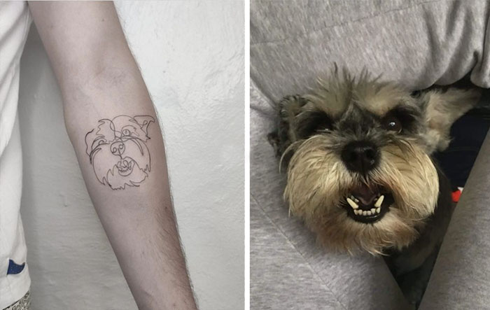 Line dog portrait arm tattoo