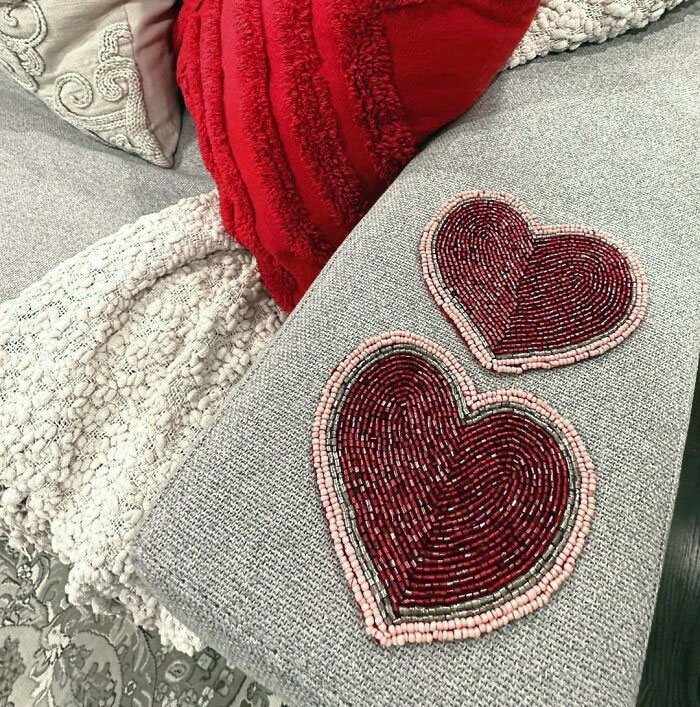 I'm Comfortable And Don't Want To Mess Up My Pillow And Blanket Nest, So I Put These Valentine's Coasters On The Armrests To Keep Our Couch From Instantly Being Stained