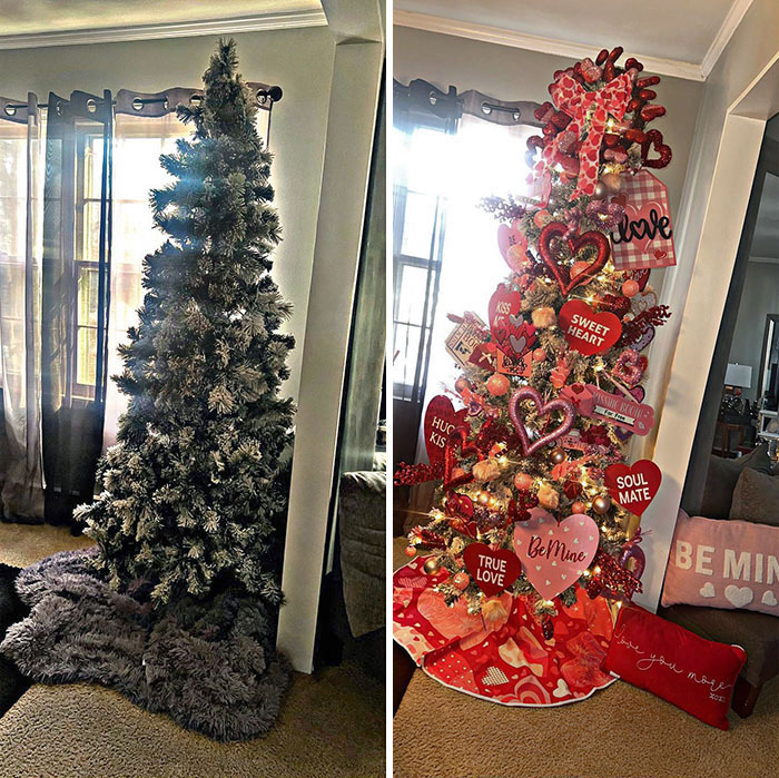 Before And After Decorating The Tree For Valentine's Day