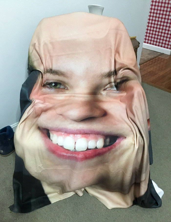 I Got My Girlfriend A Blanket Of My Face For Valentine's Day. It Looks A Little Off When It's Not Laying Flat