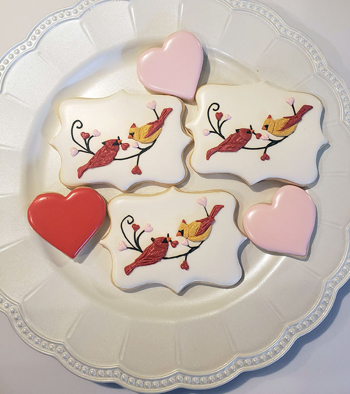 Cardinal Valentine's Sugar Cookies I Made For My Aunt. I Really Like The Effect Of Layering The Royal Icing, So They Look A Bit More 3D
