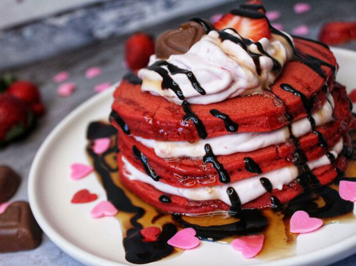Perfect For Valentine's Day. Red Velvet Pancakes With A Strawberry Mousse