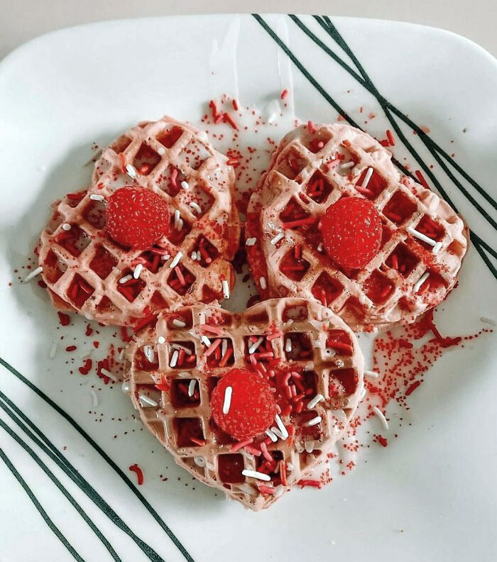 Valentine's Heart Waffles. I Added Food Coloring To Make Them Pink And Topped Them With A White Icing Glaze, Sprinkles, And Raspberries