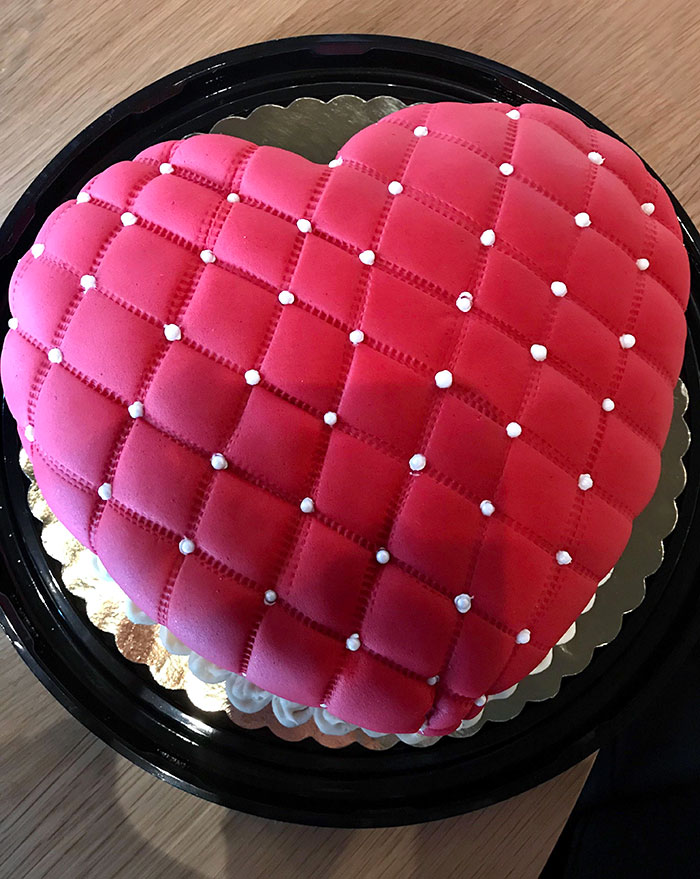 A Heart-Shaped Cake I Made For Valentine's Day. Vanilla Cake, Swiss Meringue Buttercream, And Red Fondant With Sugar Pearls