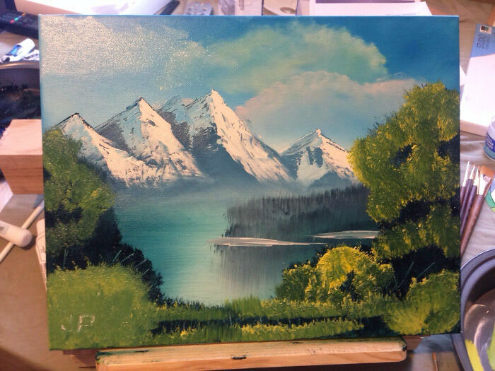 My Girlfriend Got Me Bob Ross DVDs For Valentine's Day. Today I Completed My First Painting Ever