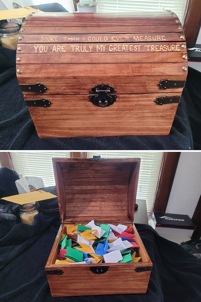 My Valentine's Gift For My Wife. I Bought A Chest At A Craft Store. Sanded It, Stained It, Sealed It, Engraved It, And Filled It With 365 Love Notes: One A Day Until Next Valentine's
