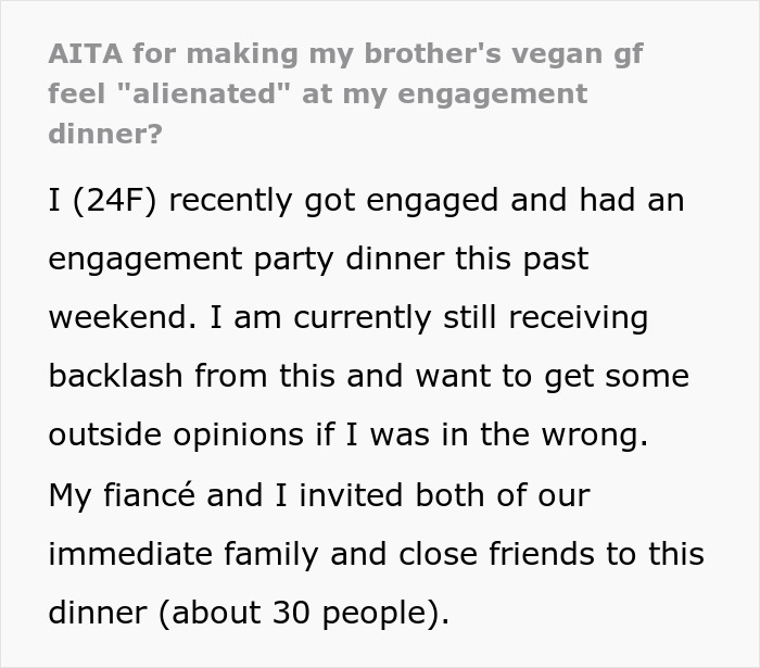 Man Brings His Vegan GF To Sister's Engagement Dinner, She Causes A Scene When The Only Diet Options Are Meat And Fish